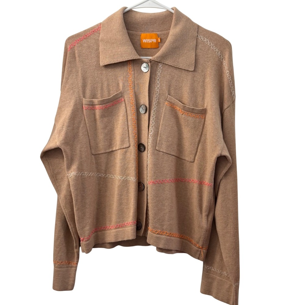 WISPR Women Tan Cotton Silk Blend Embroidered Button Front Cardigan Sweater M‎